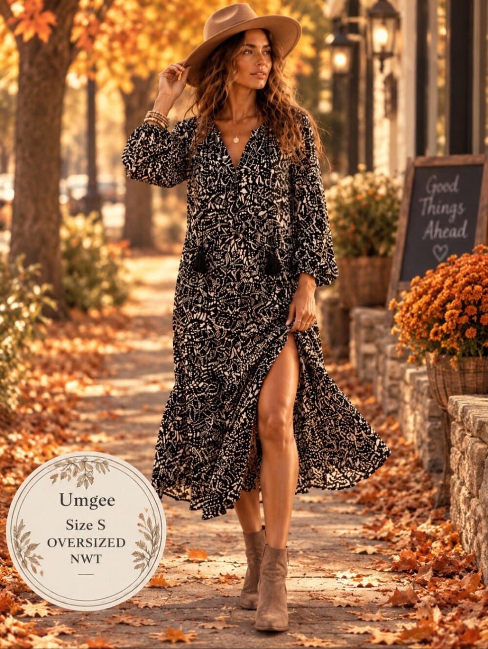 Umgee NWT Black & Ivory Abstract Print Tassel Tie Long Sleeve Tiered Midi Dress